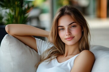 Obraz premium A young woman with light brown hair relaxing on a white couch in a bright and airy living room space