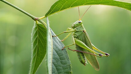Close up green grasshopper hanging on the leaf on a green background
