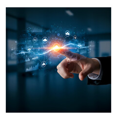 Interactive Digital Technology: Finger Touching a Bright Point of Light Activating Cloud Computing and Data Network Visualizations