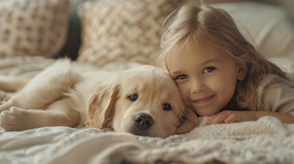 Portrait adorable cute little girl lying down with her retriever puppy in living room. Generated AI