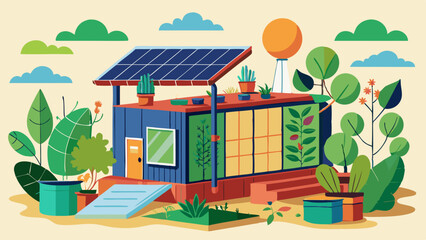 A house with a green roof and a solar panel on top. The house is surrounded by plants and trees