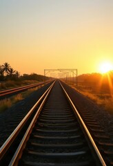 Fototapeta premium Golden hour sunlight bathes empty railway tracks stretching to the horizon, distant, landscape