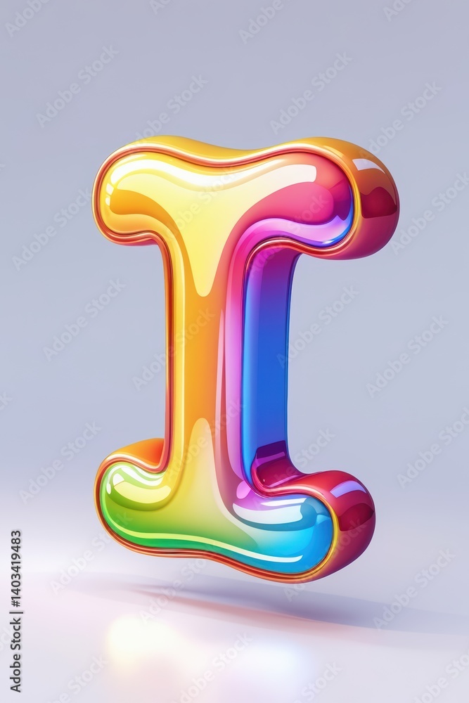 Poster a glossy rainbow letter i with rounded edges floating against a light gray gradient background