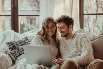 Cozy couple smiling and relaxing on a couch while using a laptop in a bright home