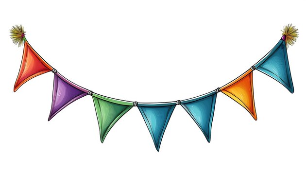Colorful Party Bunting with Triangular Flags and Decorative Pom Poms for Celebrations and Festivities