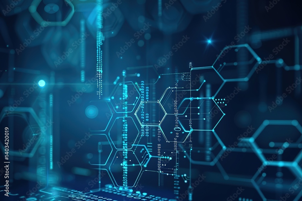 Poster abstract technology background with blue glowing circuits and hexagonal shapes