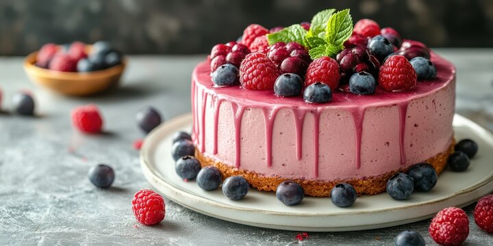 Delicious berry cheesecake topped with fresh raspberries and blueberries on a marble kitchen counter