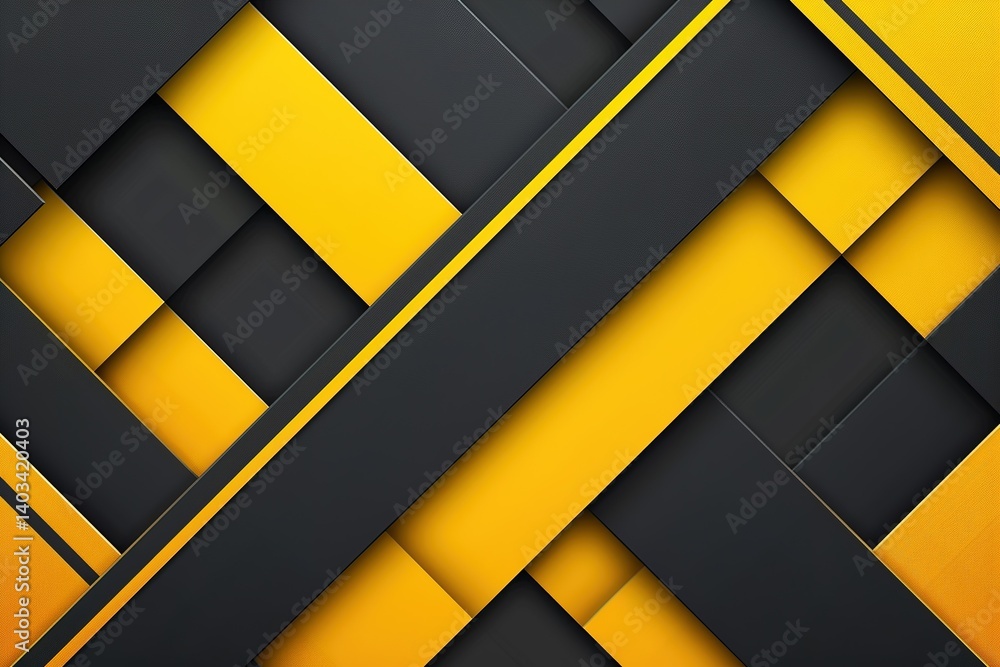 Poster abstract geometric pattern of overlapping black and yellow stripes and squares