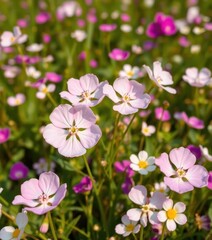 Delicate white and pink Bacopa monnieri blossoms in a vibrant field, blossom, landscape