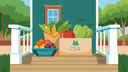 A cartoonish drawing of a room with a wooden crate labeled CSAs. Inside the crate are apples, oranges, and other fruits