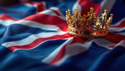 Golden Crown Resting Atop a British Flag Symbolizing Royalty and Heritage