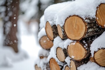 A stack of cut logs covered in fresh snow in a winter forest scene with a blurred background view
