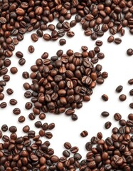 Obraz premium A rich mound of dark roasted coffee beans on a pristine white background, product, drink, mound