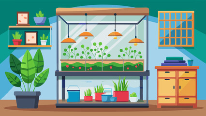 A fish tank with a plant inside and a fish swimming in it. The tank is blue and has a green plant inside