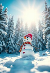 Obraz premium Brightly colored snowman basks in sunlit snowy forest clearing, blue sky above, artwork, idyllic