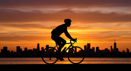 Obraz premium Silhouette of cyclist riding along waterfront at sunset with city skyline glowing in background urban travel adventure concept