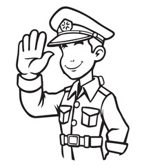 Outline illustration of a polite police officer giving a friendly hand gesture