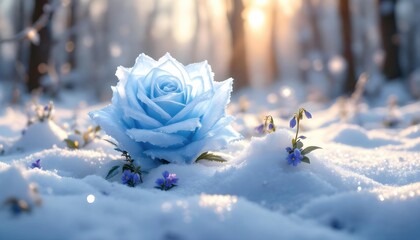 Light Blue Rose Blooming in Fresh Snow Winter Scene Background