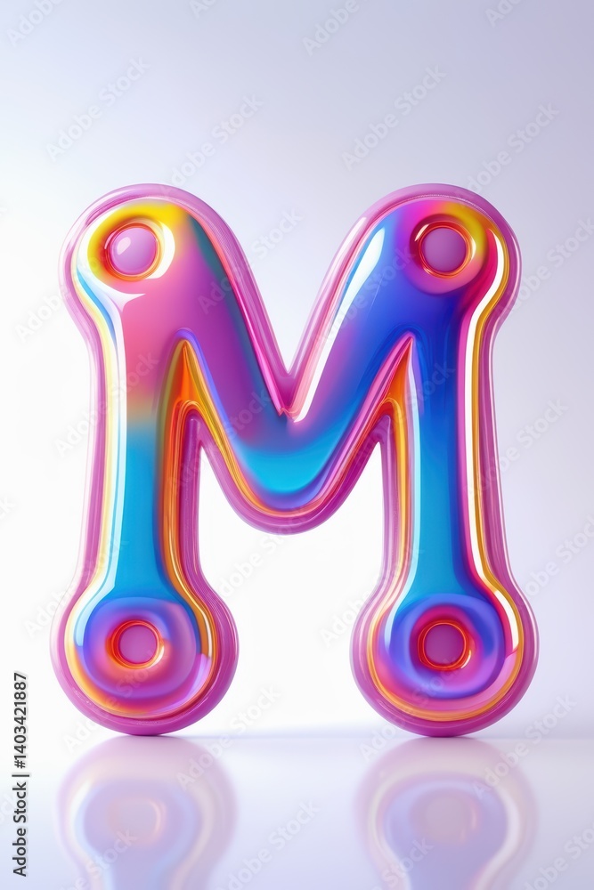 Aufkleber a glossy letter m with vibrant colors and rounded edges against a light background surface with refl