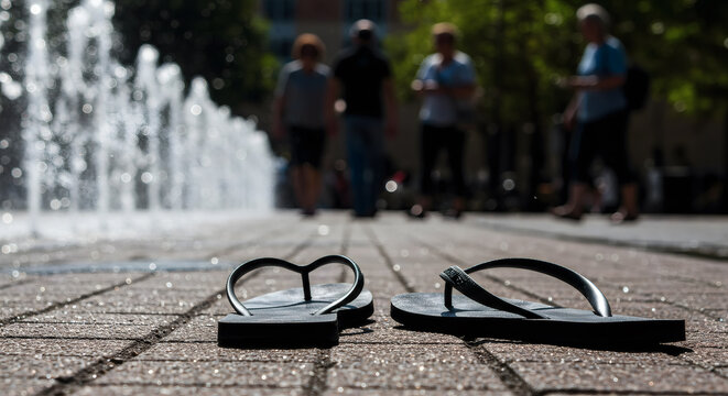 Lost flip-flops on pavement near city fountain summer urban scene concept of forgotten objects and nostalgia minimalistic detail