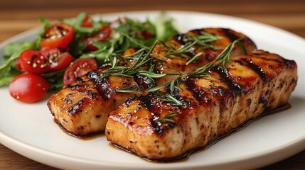Grilled salmon fillets with balsamic glaze, served with cherry tomato and arugula salad.