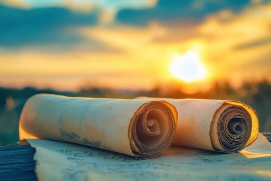 Unfurled Torah Scrolls Against a Golden Sunset and Blue Sky, Emphasizing Ancient Text and Religious Heritage