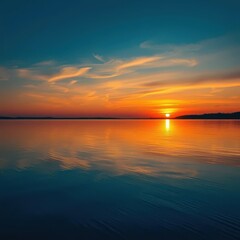 Naklejka premium Serene Michigan sunset mirroring in placid lake waters, natural, sky, beauty