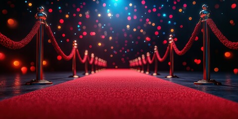Red carpet entrance with velvet ropes and lights during a glamorous event in a stylish venue at night