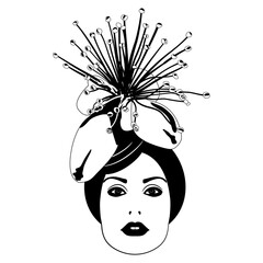 Head of a pretty lady with a hat like feijoa blossom. Acca sellowiana. Black and white silhouette.