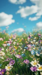 Fototapeta premium Vibrant spring meadow with wildflowers under a bright blue sky in dreamlike soft lighting