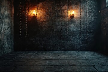 A dark dungeon interior with chains and flickering wall sconces