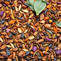 A diverse collection of loose leaf teas in various colors and textures, energy, variety, tea