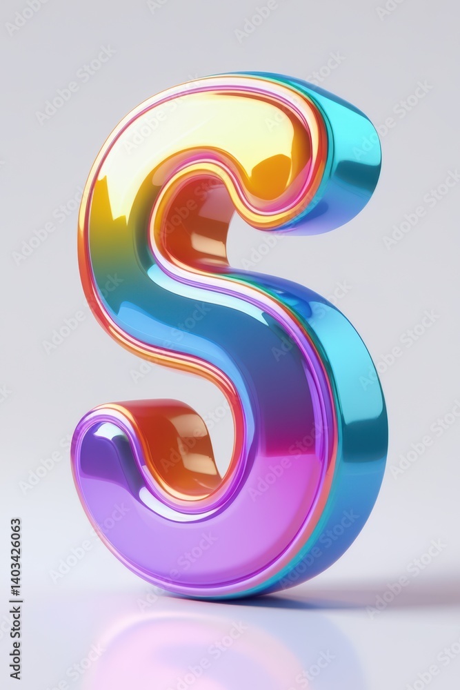 Poster a vibrant letter s with a glossy finish displaying a spectrum of colors on a white background