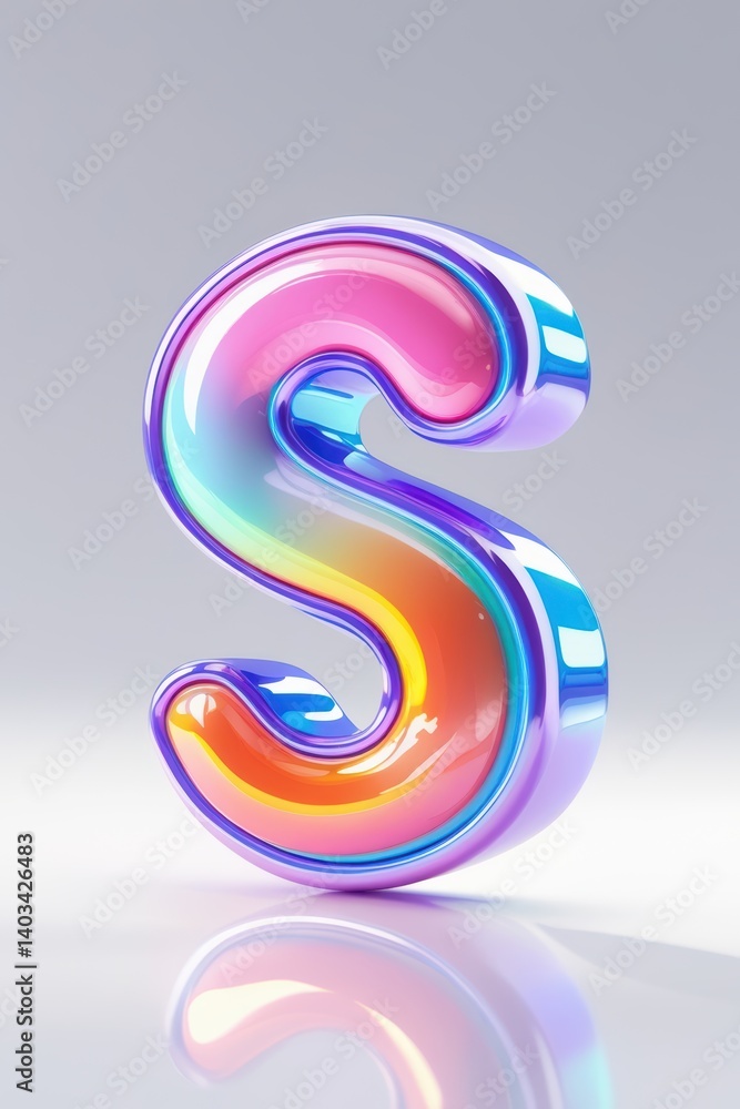 Poster a glossy iridescent letter s standing on a reflective surface with a soft gray background behind it