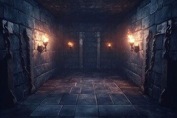A dark stone dungeon interior illuminated by torch light displays