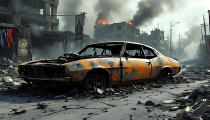 Wrecked Orange Car in Post-apocalyptic Cityscape After a Fire