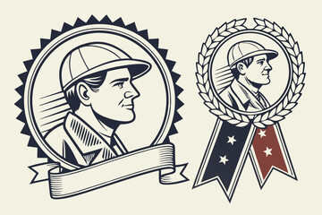 Vintage Construction Worker Award Badge Design Retro Illustration