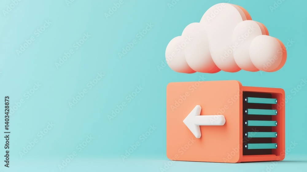 Poster realistic cloud storage concept with orange data box and cloud element