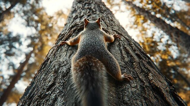 Squirrel Ascending Tree in Woodland Gaze Reaching Heights, Wildlife Scenery Exploration