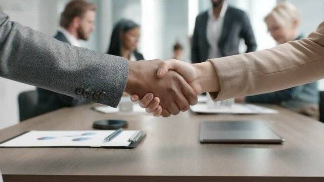 Dealmakers' handshake: A decisive handshake seals a deal in a modern office setting, symbolizing agreement, partnership, and professional collaboration among business leaders.