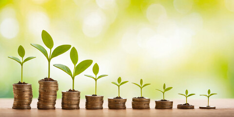 Coin chart with green plants emerging from it, symbolizing prosperity and efficiency in business.