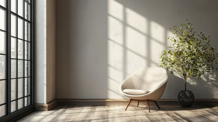 Fototapeta premium Serene Minimalist Room with Modern Chair and Plant