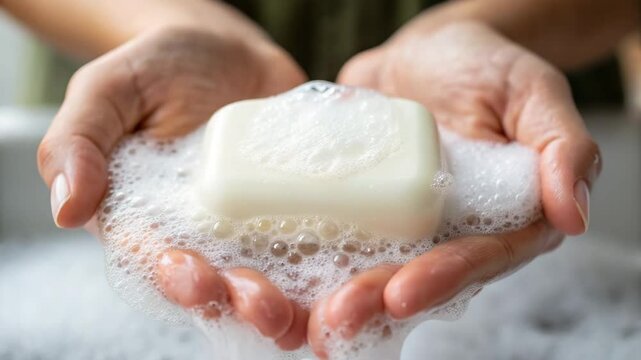 A pair of hands holds a bar of soap surrounded by rich, bubbly foam, highlighting cleanliness and hygiene.