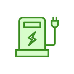 A green electric charging station with a green plug. The plug is connected to a green cord. Concept of charging electric vehicles