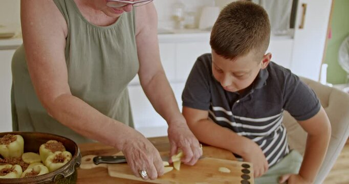 Grandmother and grandson spending quality time together in the kitchen preparing stuffed bell peppers.