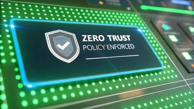 A digital display featuring a "Zero Trust Policy Enforced" sign with a shield icon, emphasizing cybersecurity protocols.