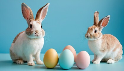 Obraz premium Easter party concept. Top view photo of easter bunny ears white pink blue and yellow eggs on isolated pastel blue background. 6