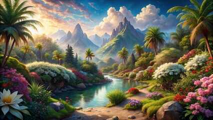 Fantasy Landscape: Sunlit Stone Path to Crystal River in Lush Valley