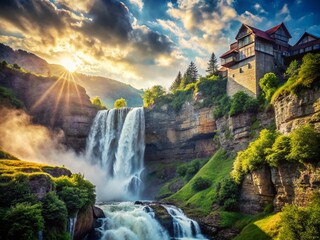 Fototapeta premium Majestic Waterfall Cascading Down Rocky Cliff Face - Stunning Nature Landscape