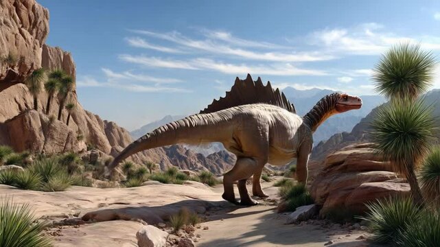 A prehistoric dinosaur in desert: A captivating image showcases a prehistoric dinosaur gracefully navigating a rocky desert landscape under a clear, azure sky.